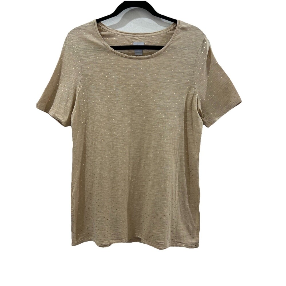 Chicos Sz 1 Womens M Top Beige With Foil Gold Dots Short Sleeve Pullover